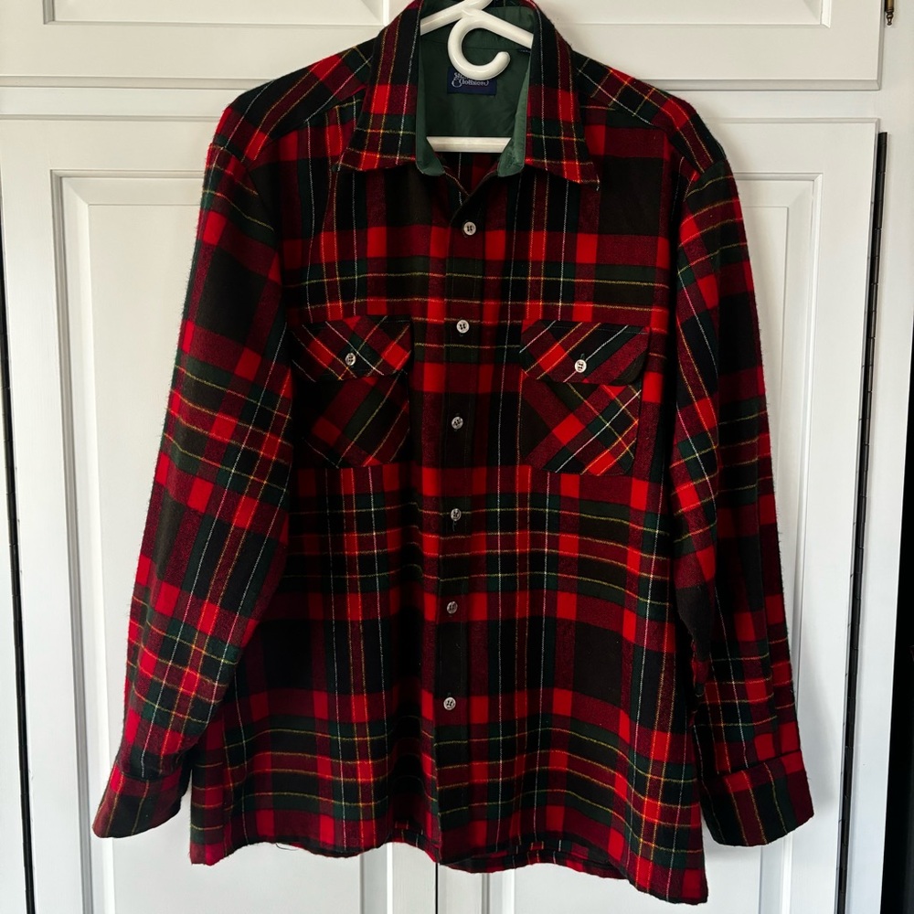 VINTAGE 70s Backpacker Flannel Shirt Mens L Red Green Acrylic Tartan Plaid